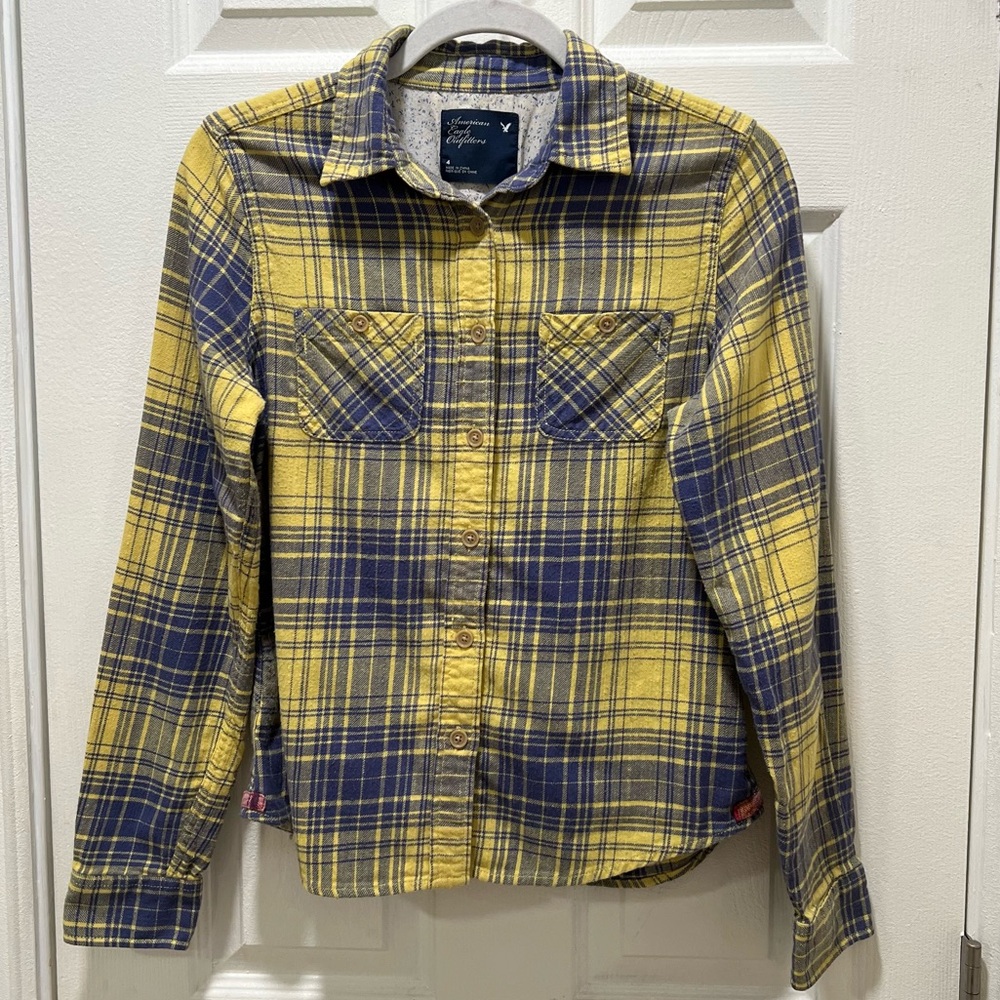 AMERICAN EAGLE OUTFITTERS Woman’s Flannel Shirt | Small yellow/blue 100% Cotton